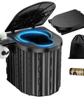 Upgraded 15 Inch Portable Toilet With Removable Paper Holder for camping and road trips, includes waste bags and storage bag.
