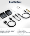 Box contents of PM 2S Portable Wireless In Ear Monitor System With One Touch Mono Stereo Switch including cables and adapters.