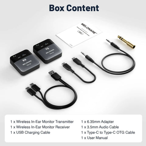 Box contents of PM 2S Portable Wireless In Ear Monitor System With One Touch Mono Stereo Switch including cables and adapters.