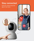 2.5K Pan-Tilt Security Camera With 360 Degree View, Dual Band WiFi, Two Way Talk with phone displaying video call