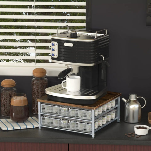 Rustic Wood And Metal Coffee Pod Holder With Sliding Drawers, 72 Pod Storage, silver finish, under coffee maker, counter use