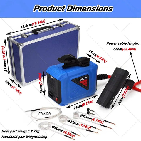 Pro Grade Induction Bolt Heater Kit 1800W Handheld Nut Warmer showing product dimensions and included coils in a set.