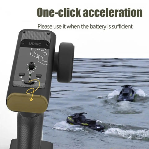 Close-up of 2.4GHz remote and High Speed Turbo RC Jet Boat With Dual Batteries, LED Lights on water surface in action