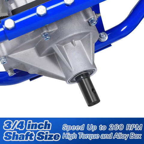 Gas Powered Post Hole Digger With 52cc 2.4 HP Two Stroke Engine detail showing 3/4 inch shaft size and alloy gearbox