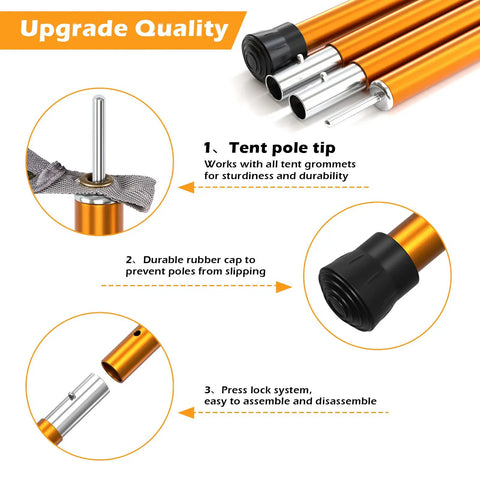 Adjustable Telescoping Aluminum Tarp Poles Set Of 2 For Camping And Backpacking shown with tips, rubber cap, and lock system.