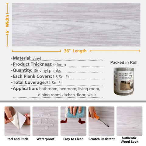 Coastal White Wood Grain Peel And Stick Vinyl Flooring Planks 6x36 In Waterproof Self Adhesive Floor Tiles Easy Install