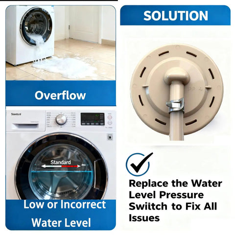Overflow and water level error solution with washer pressure switch and water level sensor replacement for Samsung and LG washers.