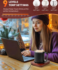 Woman using Electric Coffee Cup Warmer With Auto Shut Off And Nine Temperature Settings 36W Rapid Desk Mug Heater with ceramic tumbler.