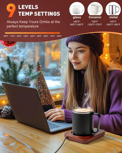 Woman using Electric Coffee Cup Warmer With Auto Shut Off And Nine Temperature Settings 36W Rapid Desk Mug Heater with ceramic tumbler.
