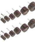 12 Piece Flap Wheel Polishing Heads For Bench Grinder Cylindrical brown metallic sanding discs in various sizes for metal wood plastic projects.