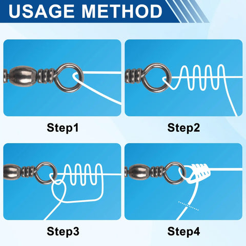 Barrel Swivels Set for Freshwater and Saltwater Fishing, 50/100 Pcs Rolling Ball Swivels With Solid Ring Copper and Stainless Steel, Black Nickel Coated, Heavy Duty Tackle Connector, 35 to 165 Lb Test knot-tying usage steps