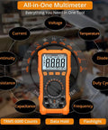 6000 Counts Digital Multimeter With TRMS Auto Range Backlit Display in use, showcasing measurement capabilities and features.