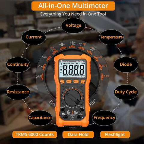 6000 Counts Digital Multimeter With TRMS Auto Range Backlit Display in use, showcasing measurement capabilities and features.
