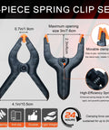 4-piece spring clip set with measurements and details on anti-slip, durable, lightweight design