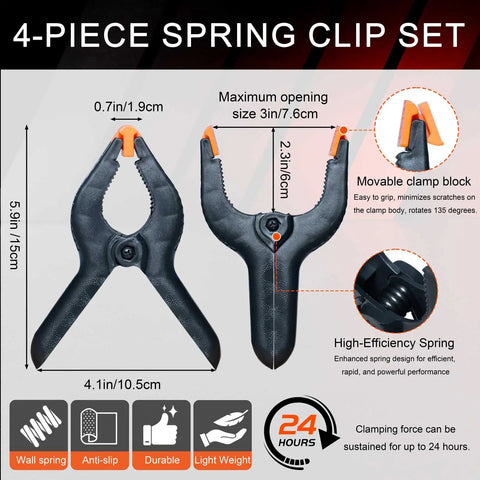 4-piece spring clip set with measurements and details on anti-slip, durable, lightweight design