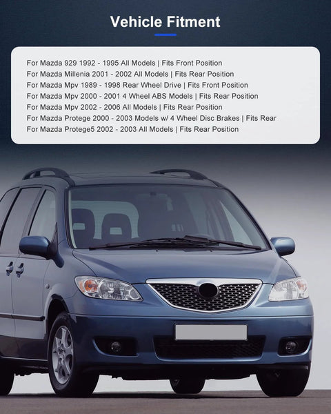 Front view of a blue Mazda vehicle fitment guide for multiple models shown above the car.