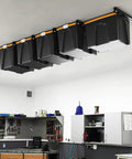Heavy Duty Overhead Garage Storage Rack System with 26 Inch Adjustable Ceiling Bin Organizer installed holding bins
