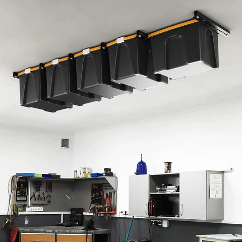 Heavy Duty Overhead Garage Storage Rack System with 26 Inch Adjustable Ceiling Bin Organizer installed holding bins