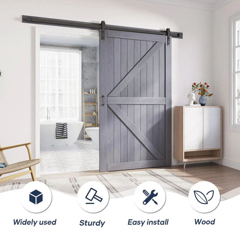 Gray Wood Barn Door Slab 48 By 84 Inches With 8 Foot Barn Door Hardware Track Kit Installed in Room