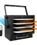 Top Shelf 7500 Watt Hardwired Garage Heater With Smart Remote And Smooth Vertical Horizontal Airflow Matte Black Finish, showcases airflow with remote.