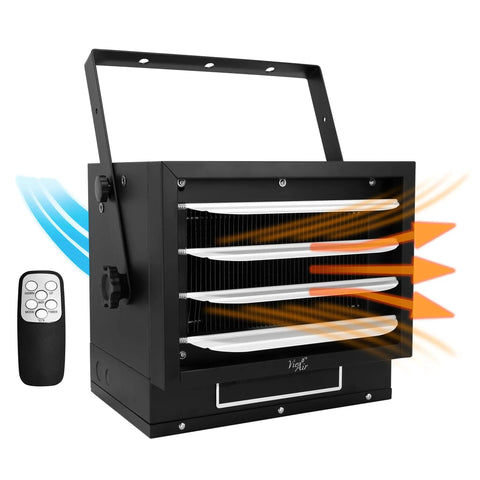Top Shelf 7500 Watt Hardwired Garage Heater With Smart Remote And Smooth Vertical Horizontal Airflow Matte Black Finish, showcases airflow with remote.