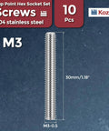 DIY Ready Cup Point Hex Socket Set Screws M3 0.5x30mm 304 Stainless Steel Headless Allen Grub Screws With Hex Key Wrench For Door Handles Bathroom Fixtures And Towel Racks 10 Pack, 10 pieces, M3 size, 304 stainless material on blue background.