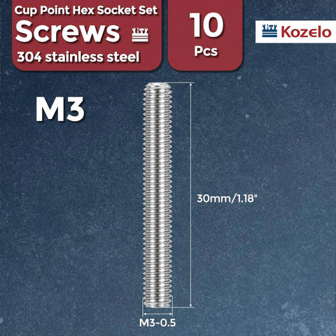 DIY Ready Cup Point Hex Socket Set Screws M3 0.5x30mm 304 Stainless Steel Headless Allen Grub Screws With Hex Key Wrench For Door Handles Bathroom Fixtures And Towel Racks 10 Pack, 10 pieces, M3 size, 304 stainless material on blue background.