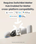 Collection of smart home devices compatible with SwitchBot Matter Hub shown on a beige background for cross-platform use.