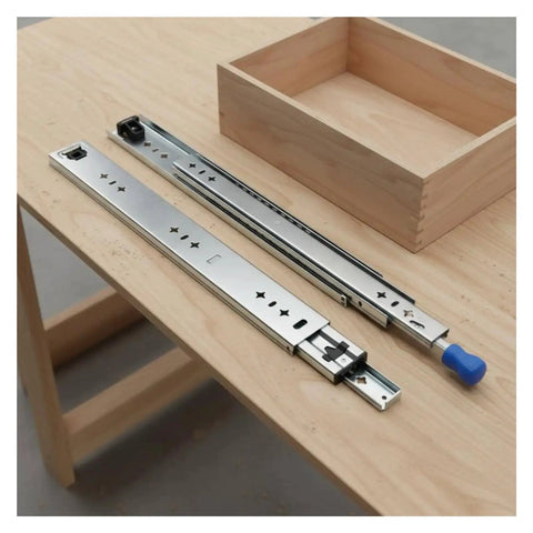 High Octane Heavy Duty Side Mount Ball Bearing Drawer Slides With Triple Extension Full Reach Cold Rolled Steel cabinet rails on a table.