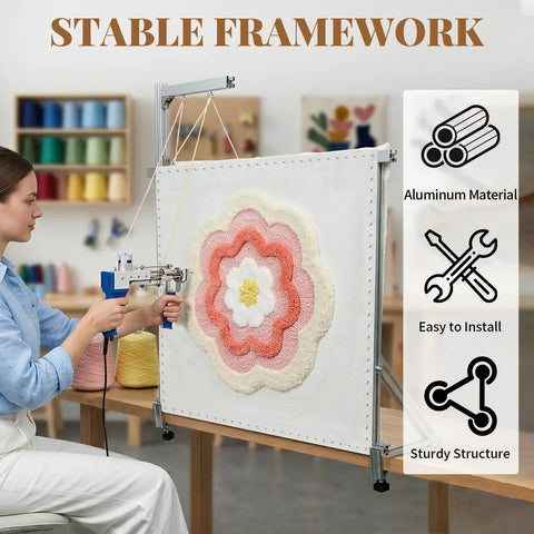 35.5 Inch Rug Tufting Frame Kit For DIY Carpet Making Aluminum Nail Frame Easy Setup Multi Purpose Tufting Tool For Guns Hand Tools Embroidery Machines Ideal For Beginners, aluminum frame on table with tufting gun