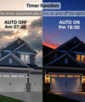 Outdoor 50W RGBW LED Flood Light With Remote Control demonstrating timer function on house, auto off at 07:00 AM, on at 18:00 PM