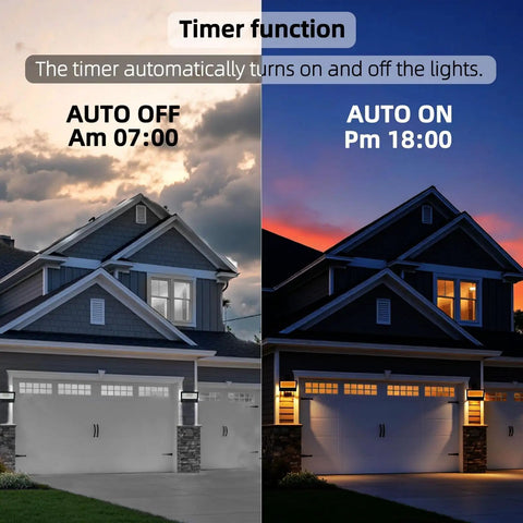 Outdoor 50W RGBW LED Flood Light With Remote Control demonstrating timer function on house, auto off at 07:00 AM, on at 18:00 PM