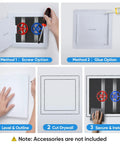 Kickass Eight By Eight Inch Abs Drywall Access Panel With Smooth Paintable Finish and Rock Solid Durability shown during installation steps.