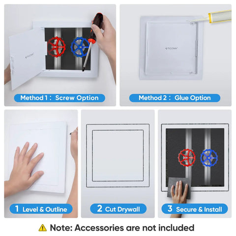 Kickass Eight By Eight Inch Abs Drywall Access Panel With Smooth Paintable Finish and Rock Solid Durability shown during installation steps.