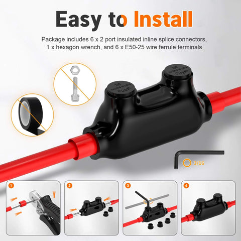 Insulated Inline Splice Connector for 2/0 to 6 Gauge Wiring, Aluminum to Copper Wire Connector, 6 AWG Splice shown with accessories