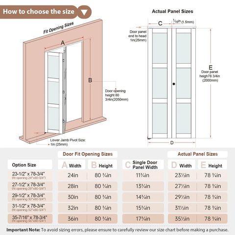 Diagram showing size options for Bi Fold Doors For 30 By 80 Opening With Tempered Frosted Glass Closet Barn Door Concealed Hardware Kit