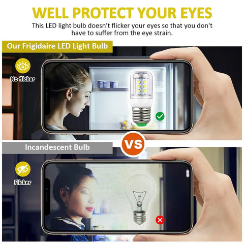 Comparison of LED Light Bulb for Refrigerator Replacement PS12364857 AP6278388 showing non-flicker vs flicker on screen.