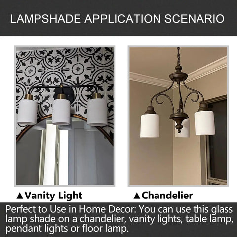 White Line Painted Glass Shade Cylinder Globe Replacement For Vanity Lights And Chandeliers One And Five Eighths Inch Fitter Fits Most Fixtures Like Vanity Sconces Ceiling Lights And Pendant Lamps Pack Of Three in application on vanity light and chandelier.