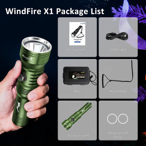 Hand holding Beefy Underwater Dive Light For Scuba Gear IPX8 Waterproof 210 Feet Deep Sea Flashlight with accessories layout.