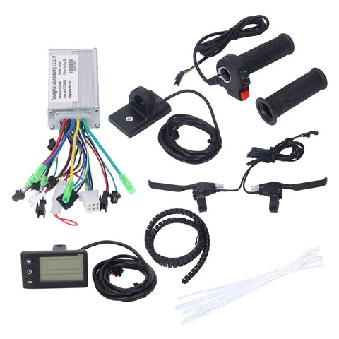Dope 36V 48V 350W Brushless Motor Controller Kit With S866 LCD Panel For DIY Electric Bike Conversion Twist Throttle Brake Handle Power Assist Sensor Wiring Grooved Housing For Folding Car Setup, featuring all components flat lay.