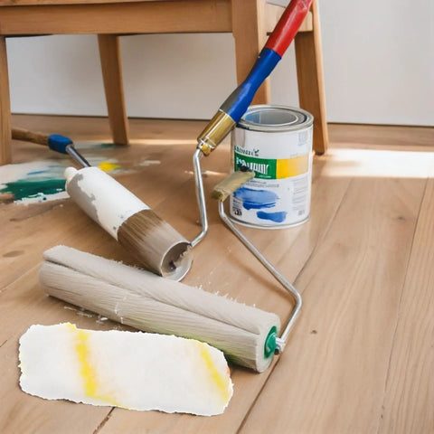 Heavy Duty Polyester Paint Roller Cover Refills and tools on wooden floor for easy ceiling and wall painting.