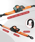 Kickass Grip Retractable Tie Down Straps With Smooth Butter Rewind For Zero Slap Back Mess One Inch By Ten Foot Haul Ready Cargo Belts featuring orange straps, zinc S hooks, and ratchet mechanism overview.