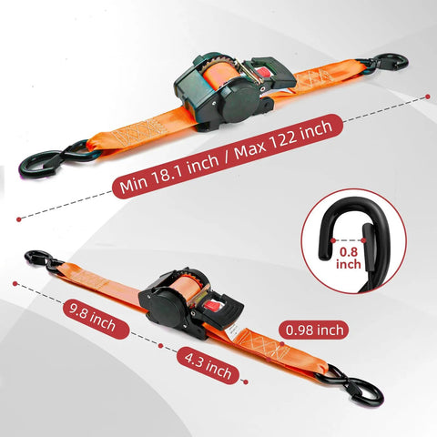 Kickass Grip Retractable Tie Down Straps With Smooth Butter Rewind For Zero Slap Back Mess One Inch By Ten Foot Haul Ready Cargo Belts featuring orange straps, zinc S hooks, and ratchet mechanism overview.