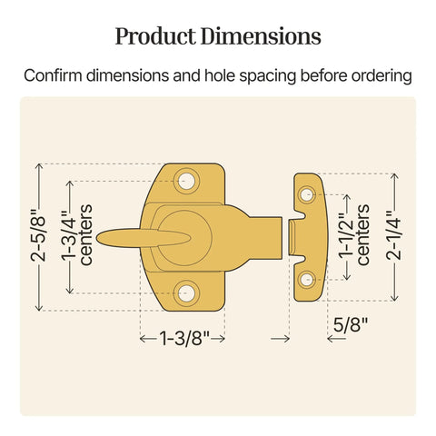 Product dimensions of Heavy Duty Brass Plated Steel Table Leaf Lock with measurements for assembly and installation.