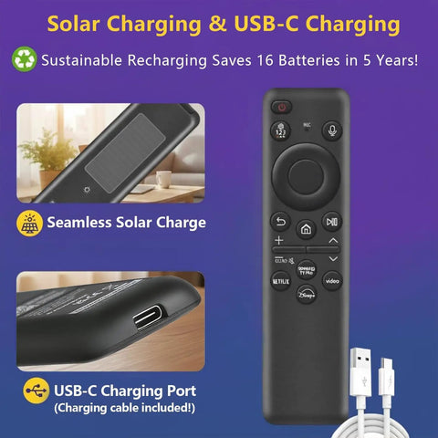 Rechargeable Voice Remote For Smart TVs With Solar Charging And Voice Search, Compatible With 2019-2026 Samsung TVs With USB-C port