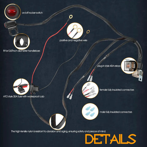 Two Lead Wiring Harness Kit For Motorcycle ATV Snowmobile With Handlebar Switch 12V 40A Relay Fuse Plug And Play Waterproof Nylon Wiring Harness For LED Light Bars Fog Lights Driving Lights Pods