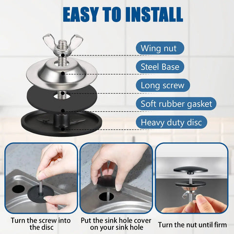 Top Notch Black Kitchen Sink Hole Cover Plugs For Standard Counter Drain Openings Two Pack showing installation steps and components.