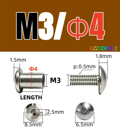 Top Shelf Assorted 304 Stainless Steel Cross Round Head Screws With Barrel Nuts Assembly Kit M3 M4 M5 M6 And M8 Sizes showing M3 screw details.
