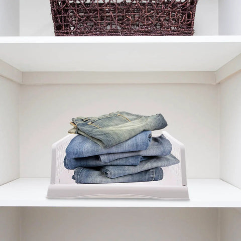 Straight Up Game Changer Plastic Drawer Storage Basket For Clothes Towels And Blankets A Real Slick Closet Organizer Bin with stacked jeans.