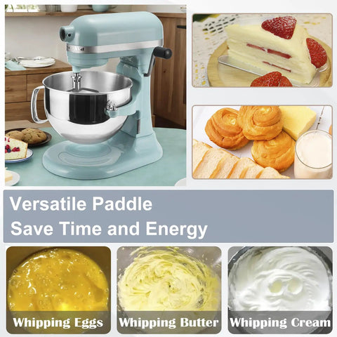 Stand mixer with stainless steel 18 8 six wire whisk attachment for 6 quart bowl, surrounded by pastries and dessert